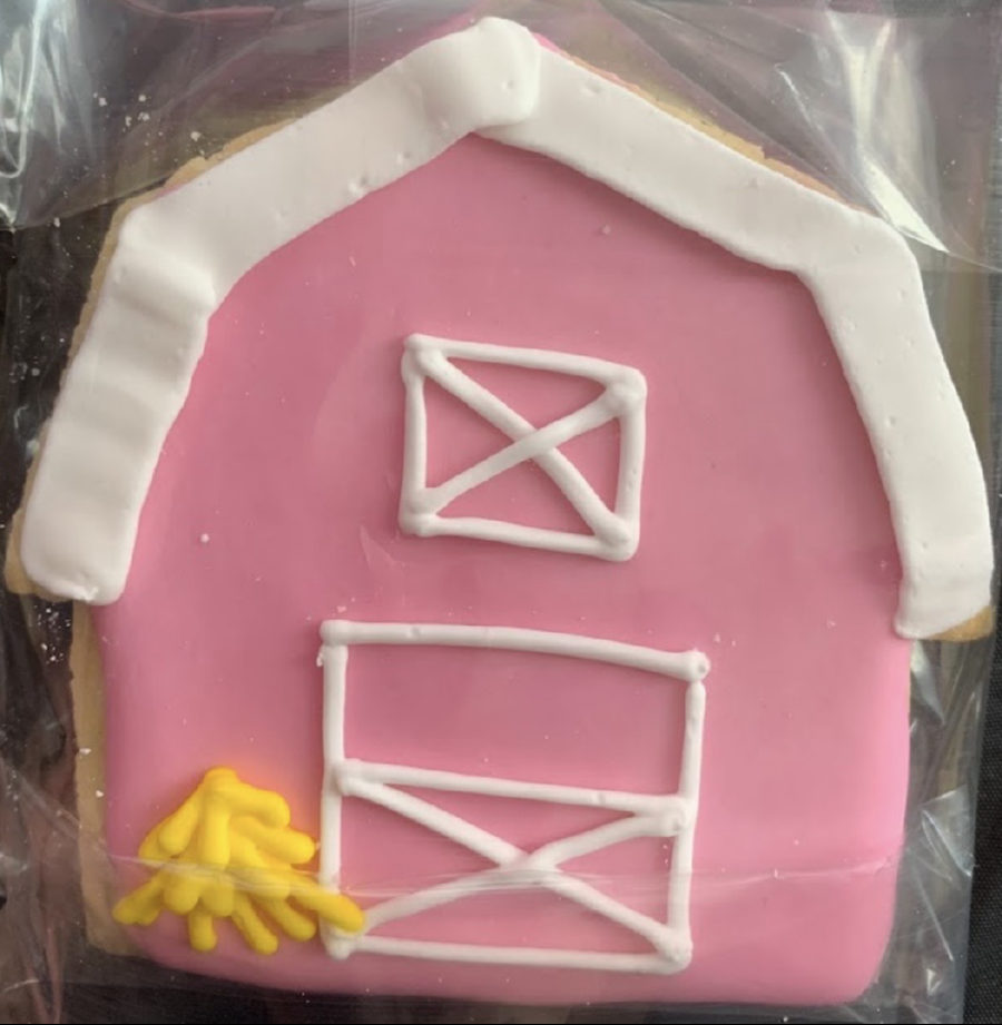 Galleta decorada de granero rosa · Decorated pink barn cookie